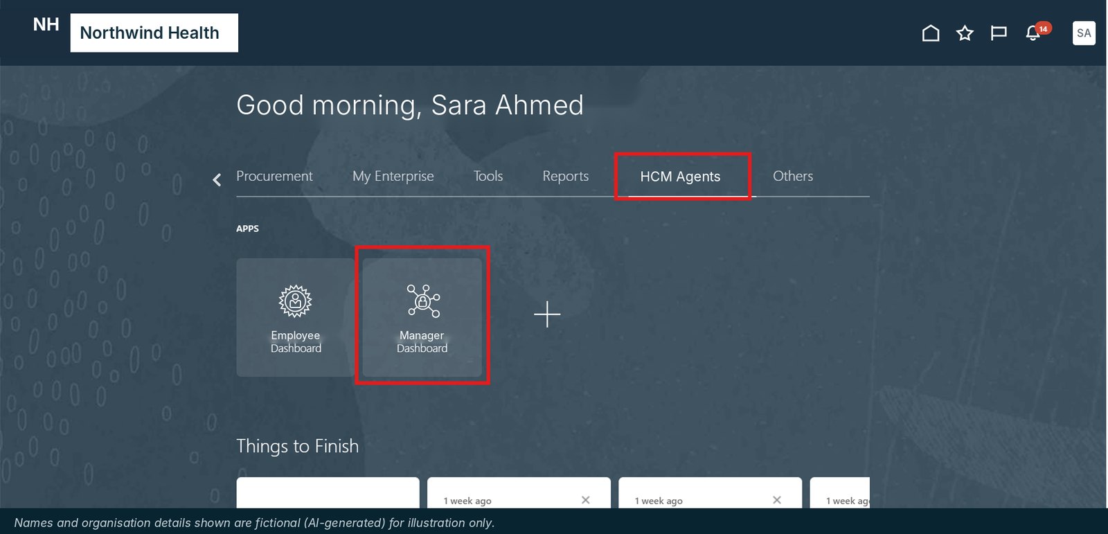 Fusion Home page with the HCM Agents tab open, showing the Employee Dashboard and Manager Dashboard app tiles