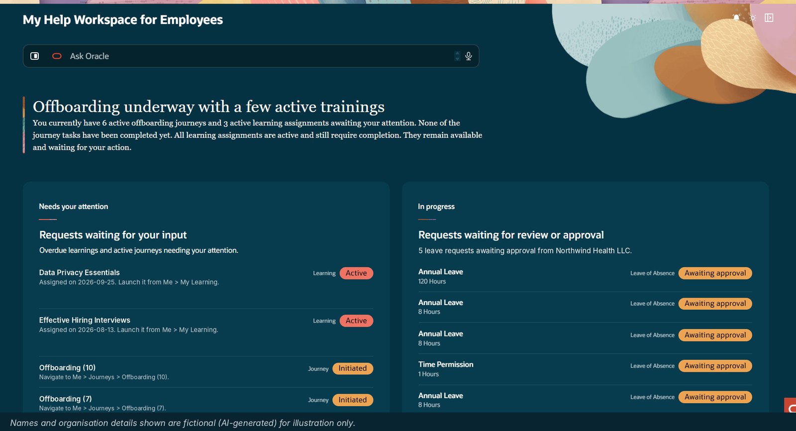 Employee Concierge with an AI summary, a Needs your attention list of courses and journeys, and leave requests awaiting approval