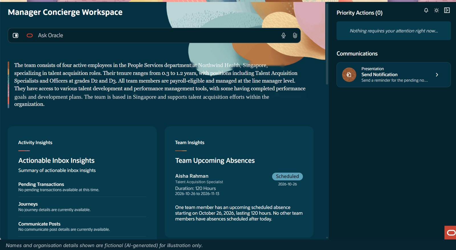 Manager Concierge Workspace with an AI team summary, activity insights, upcoming absences and priority actions